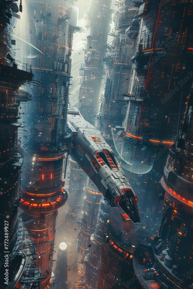 Poster a futuristic spaceship soaring above a city at night. ideal for sci-fi concepts