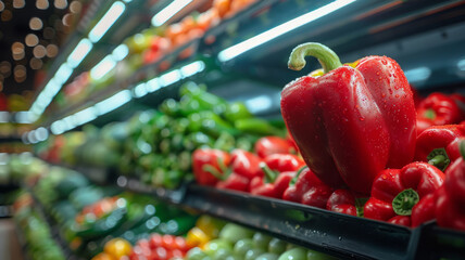 Red bell pepper in a grocery store produce section. - Powered by Adobe