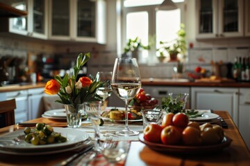 A table set with plates of food and glasses of wine, perfect for dining or celebration events