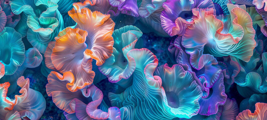 Top view texture of ruffled coral polyps swaying gently in an underwater current, forming a vibrant tapestry of colors and shapes on a coral reef - obrazy, fototapety, plakaty