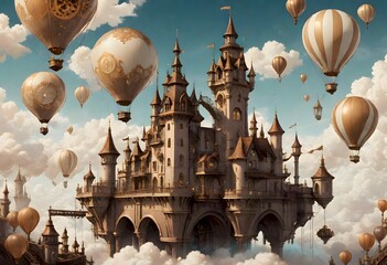 Enchanting Skyline, A Fairytale Castle Amidst Hot Air Balloons In The Sky, Generative AI