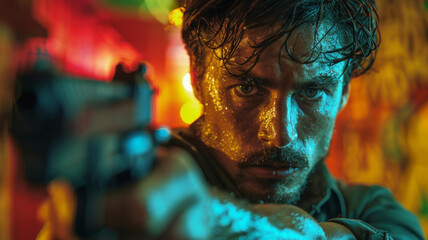 Obraz premium A young man aiming a gun with intense expression.