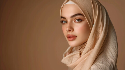 Radiating elegance and charm, a beautiful Muslim woman dons a beige hijab, her natural make-up enhancing her features as she poses against a brown background in a studio setting.