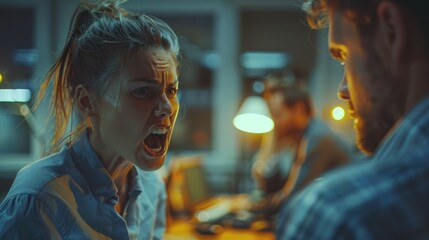 Angry Woman Shouting in Heated Argument. A woman furiously yells at a man, showing intense emotion in a dramatic office setting at night.

