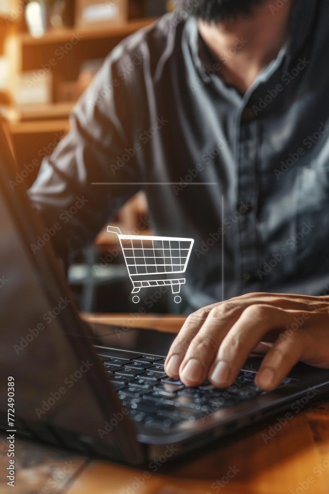 Poster man using laptop with shopping cart, ideal for e-commerce concepts