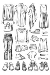 A diverse assortment of clothing and footwear. Ideal for fashion or retail concepts