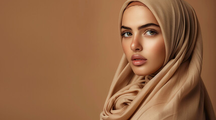 Radiating elegance and charm, a beautiful Muslim woman dons a beige hijab, her natural make-up enhancing her features as she poses against a brown background in a studio setting.