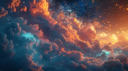High resolution, high detail fantasy sky filled with fluffy, glowing clouds under stars