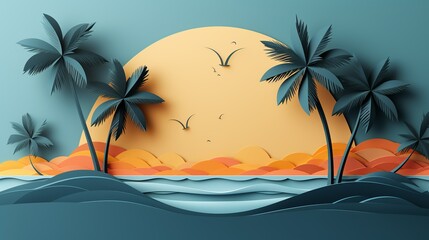 Fototapeta na wymiar Wallpaper background of a blue sea and tree coconut logo and yellow sun , palette color , Generate AI
