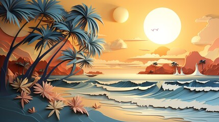 Fototapeta na wymiar Wallpaper background of a blue sea and tree coconut logo and yellow sun , palette color , Generate AI