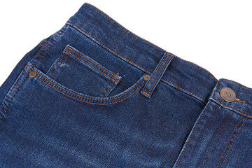 Blue jeans pants detail on white background.	