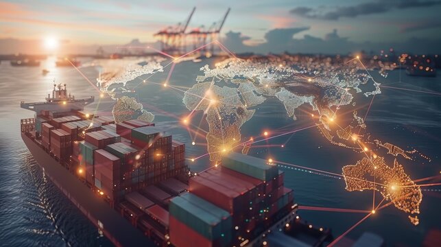 Interconnected global trade routes highlighted on world trade map