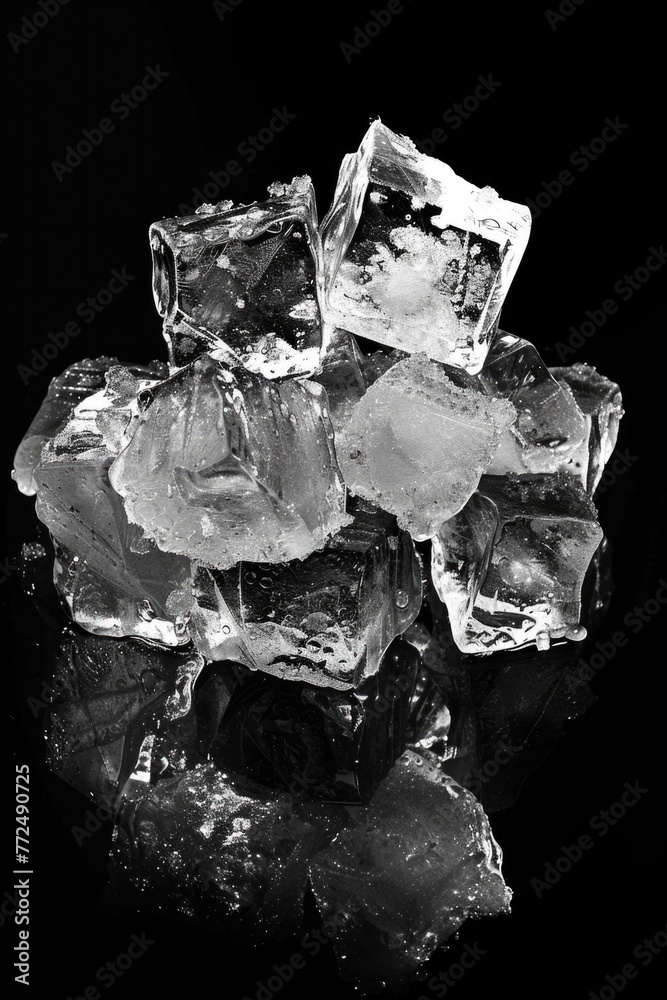 Poster a pile of ice cubes on a table, perfect for refreshing drink concepts