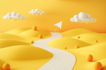 A white paper airplane soaring over a vibrant yellow landscape. Perfect for travel or adventure...
