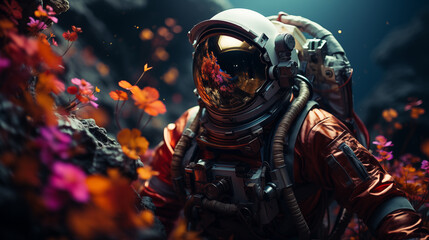 An astronaut in a spacesuit in space of an unidentified planet galaxy - obrazy, fototapety, plakaty