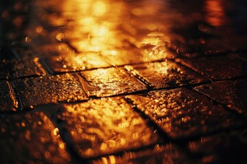 Close up of a wet sidewalk at night. Suitable for urban themes