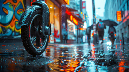 Motorcycle on a rainy city street at night.