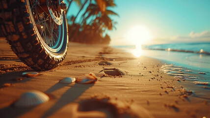 Motorcycle tire closeup on sandy beach at sunset - obrazy, fototapety, plakaty