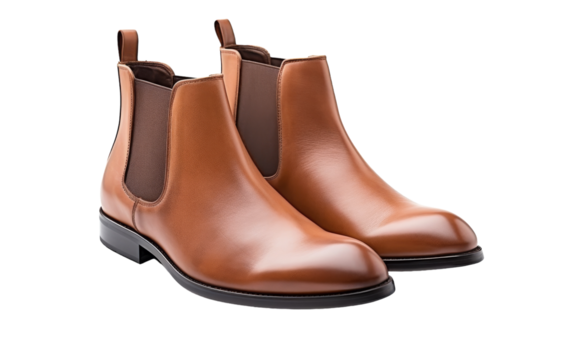 A pair of brown chelsea boots elegantly displayed on a white background