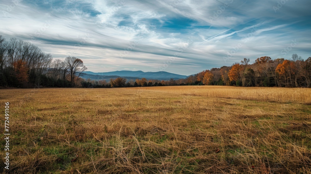 Poster scenic view of a grassy field with trees and mountains in the background. perfect for nature and lan