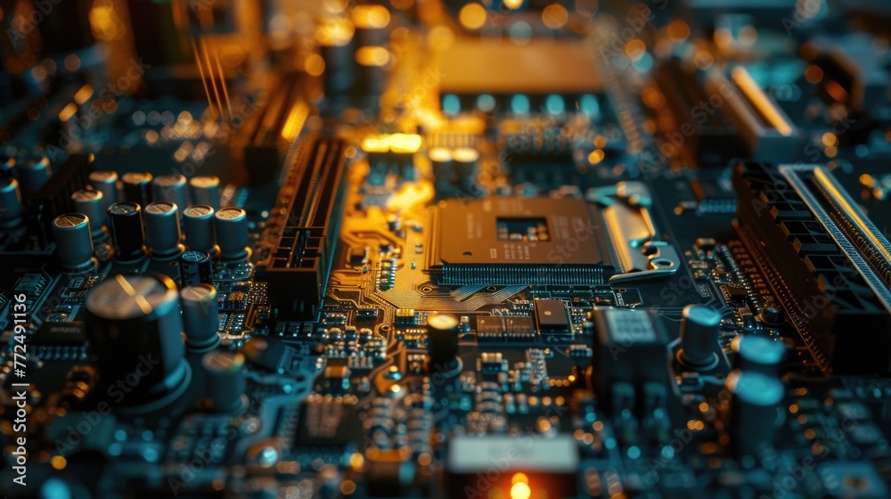 Poster Detailed view of a computer motherboard. Suitable for technology concepts