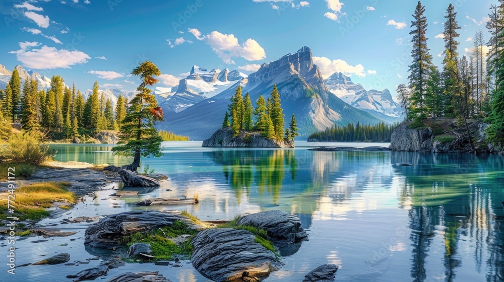Poster scenic view of a lake with a mountain in the background. suitable for travel brochures