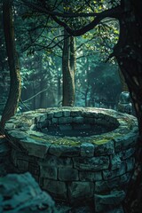 A stone well surrounded by trees, suitable for nature and outdoor themes