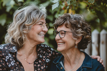 two mature women laughing together outdoors