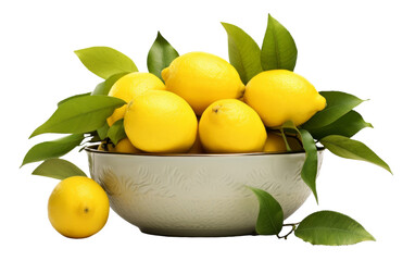 A metal bowl overflows with vibrant lemons and lush green leaves, creating a striking display of natures beauty