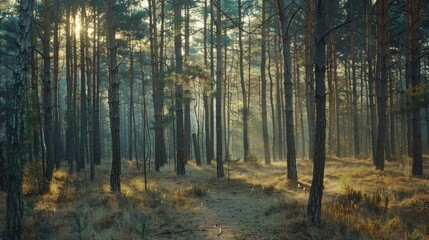 Sunlight filtering through dense forest, suitable for nature themes