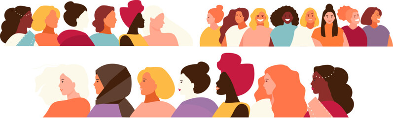 women of different nationalities standing side by side. women’s Day collection
 - obrazy, fototapety, plakaty