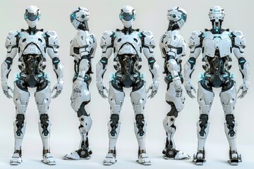 A group of robots standing next to each other. Suitable for technology and robotics concepts