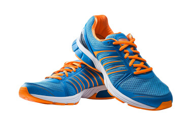 A vibrant pair of blue and orange tennis shoes on a wooden floor