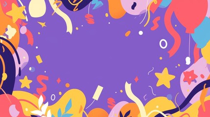 Fototapeta na wymiar Happy Birthday greetings banner template with blank space for text, bright colors, minimalistic flat style with purple background
