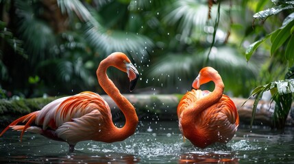 On the water, two flamingos are having fun together.