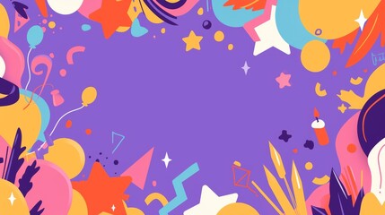 Happy Birthday greetings banner template with blank space for text, bright colors, minimalistic flat style with purple background