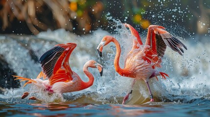 On the water, two flamingos are having fun together.