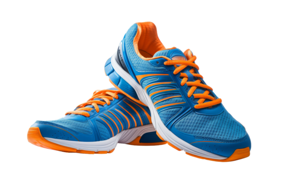 A vibrant pair of blue and orange tennis shoes on a wooden floor