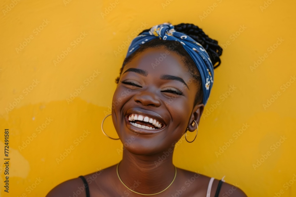 Wall mural joyful young woman laughing against a vibrant yellow background.