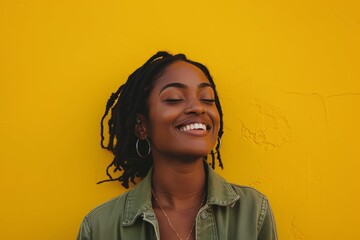 Portrait of a smiling young woman with braids against a vibrant yellow background.