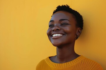 Portrait of a joyful young woman with a bright smile, wearing a yellow sweater against a vibrant yellow background.