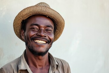Portrait of a cheerful African man wearing a straw hat against a plain background.
