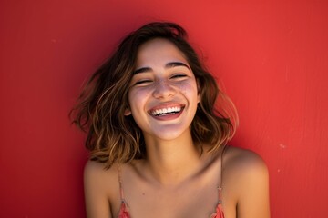 Joyful young woman smiling against a vibrant red background.