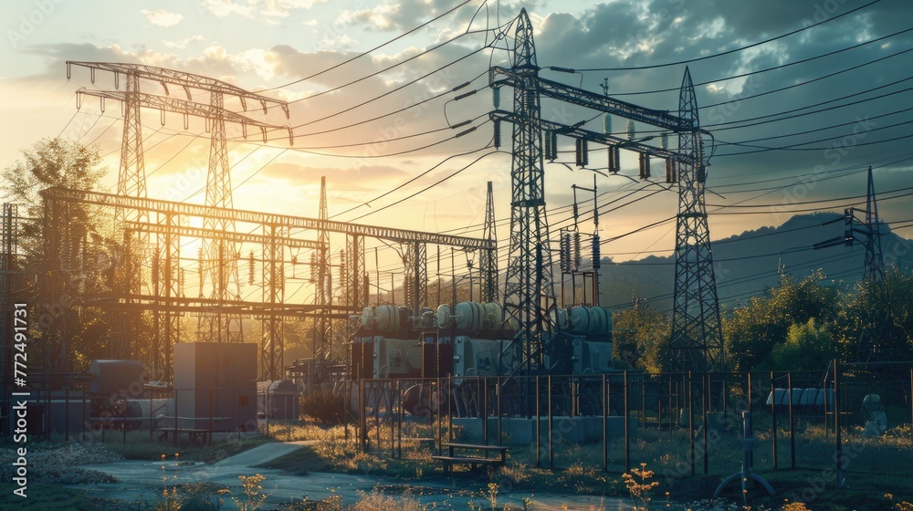 Aufkleber image of power lines and electrical towers in a rural setting. suitable for illustrating infrastruct