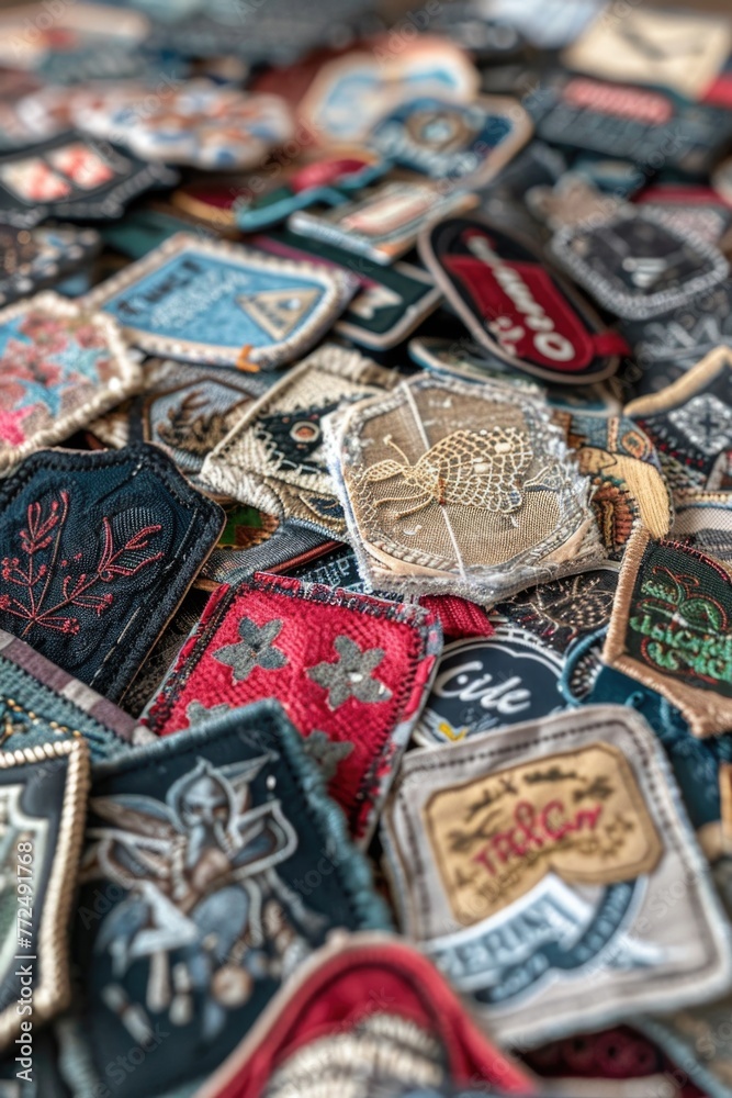 Poster Colorful patchwork patches neatly stacked on a table. Perfect for DIY and crafting projects