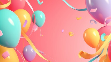 Happy Birthday greetings banner template with blank space for text, bright colors, minimalistic 3d style with pink background