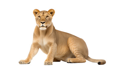 A regal young lion sits gracefully on a serene white backdrop