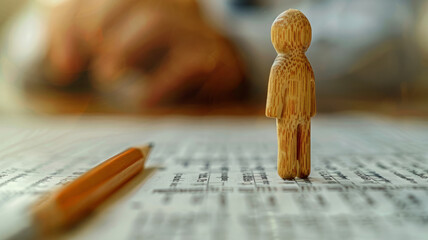A wooden figurine on a document with a pencil. - Powered by Adobe
