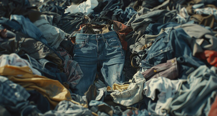 A pile of jeans sitting on top of a pile of clothing. Suitable for fashion or laundry concepts