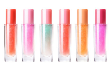 A colorful assortment of lip glosses arranged in a row, featuring various shades from subtle nudes to bold pinks and reds